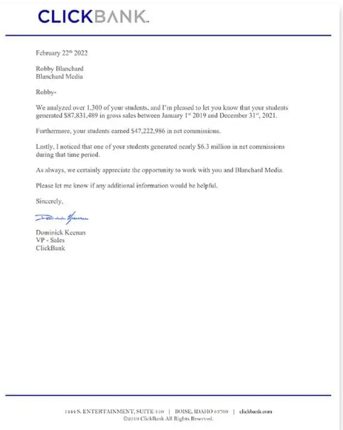 Letter from ClickBank VP of Sales to Robby Blanchard confirming student results